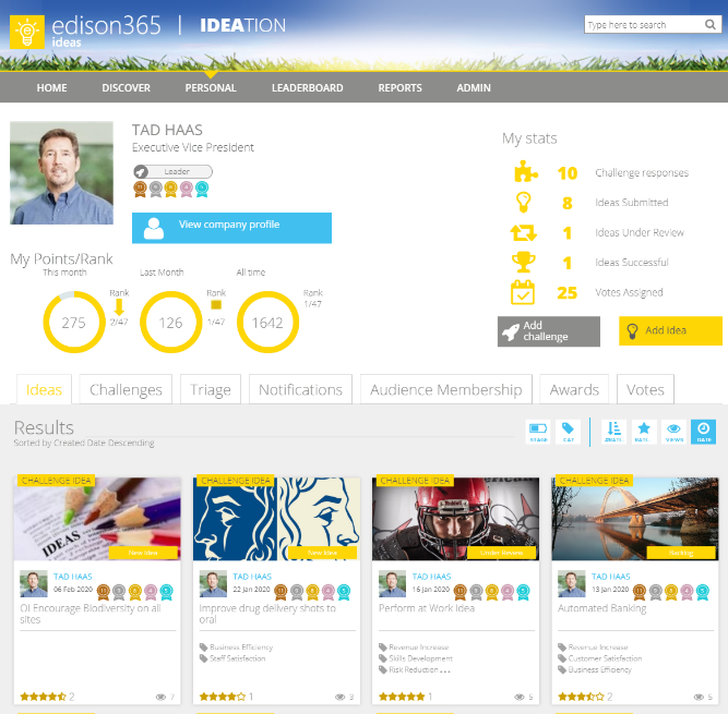 edison365ideas Personal Page in the innovation software tool
