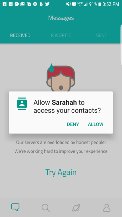 Sarahah's permission prompt on its Android version.