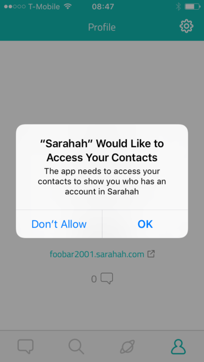 Sarahah's permission prompt on its iOS version.