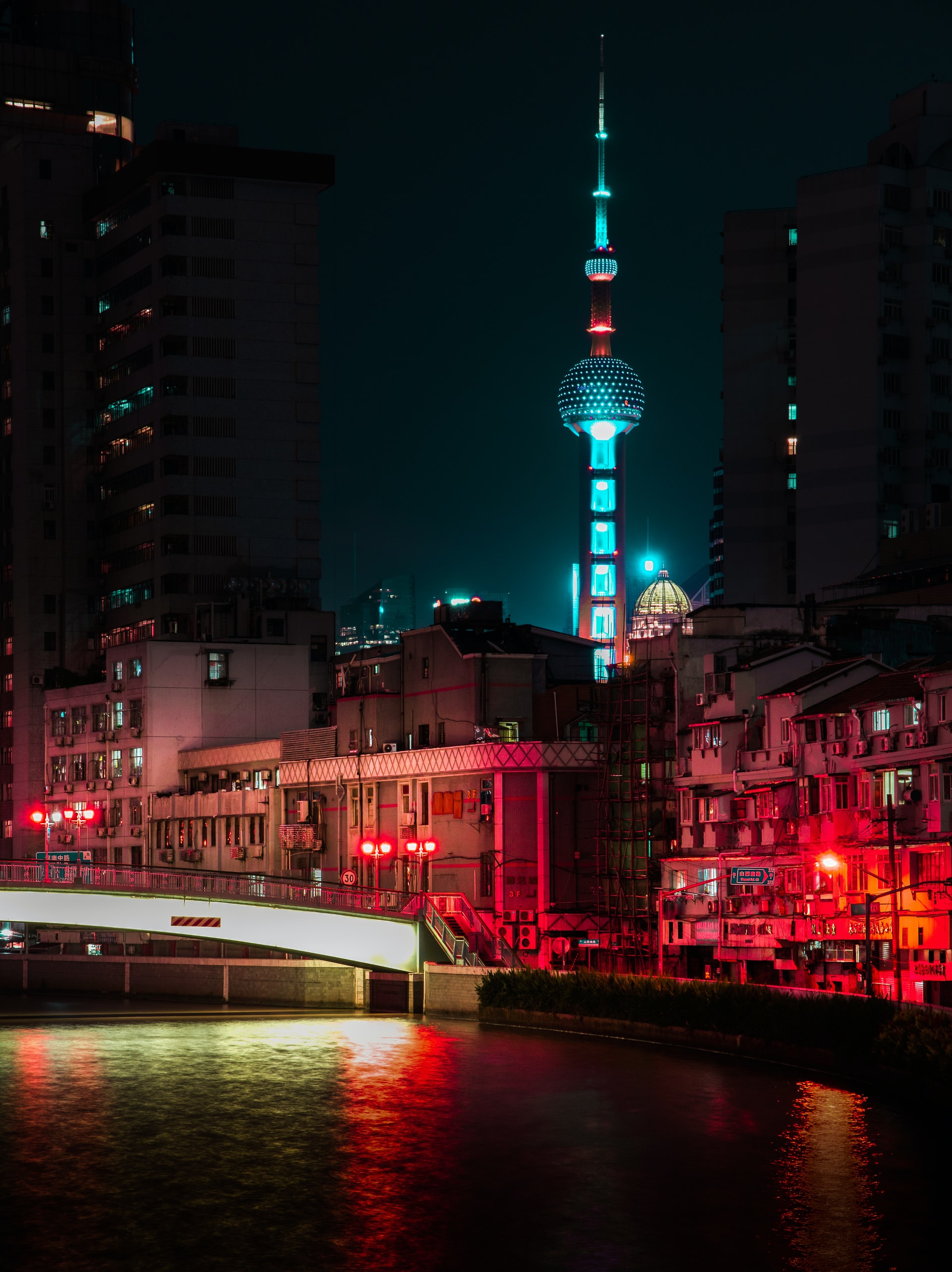 Nighttime Lit Up View Of The Oriental Pearl Tower
