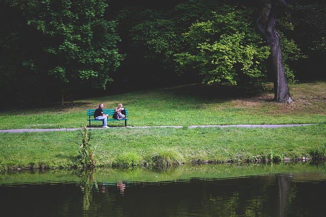 photo of two friends on a bench next to a lake - 7 ways to explain anxiety to a partner - genomind