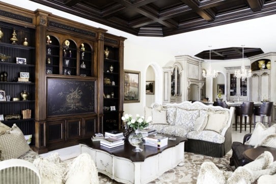 Gathering Room With  Habersham Belmont Library and French Country Coffee Table