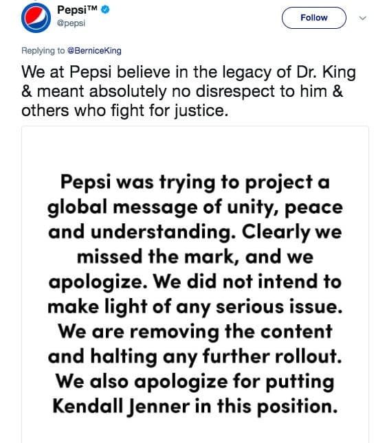 Pepsi apologized on Twitter