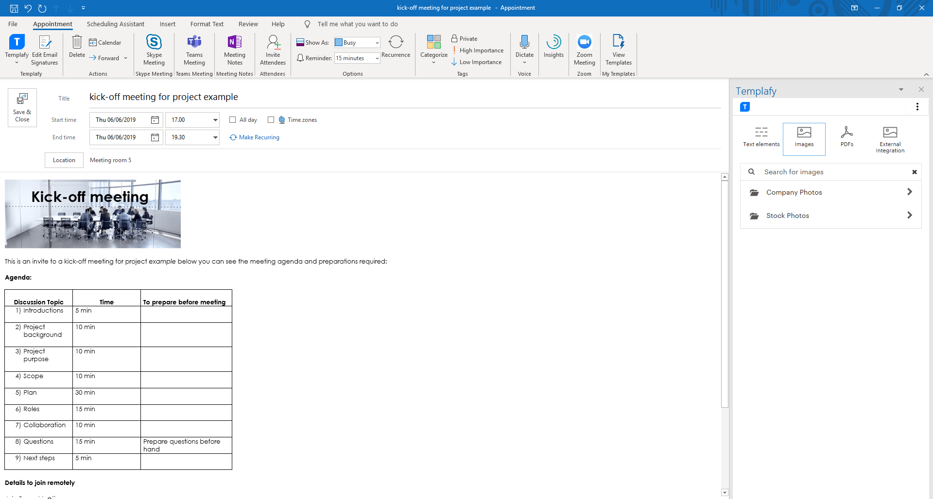 templafy library in outlook calendar