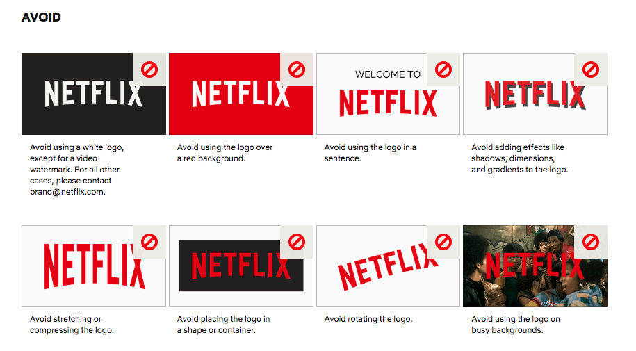 internal brand style guide example of ways to avoid the use of Netflix logo
