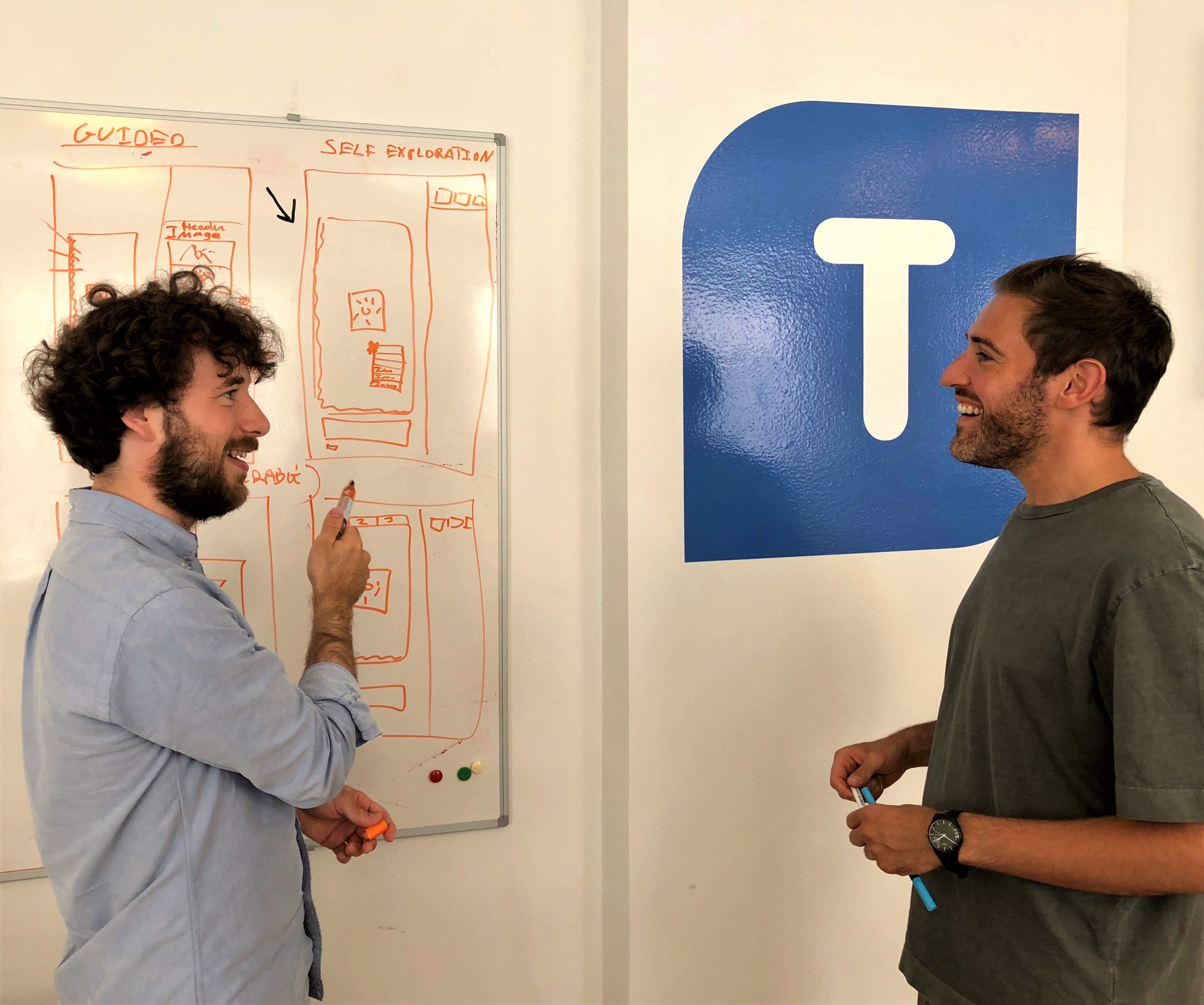 two man brainstorming about UX near whiteboard Templafy