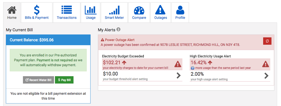 Capricorn Customer Utility Portal Dashboard - My Current Bill and My Alerts 