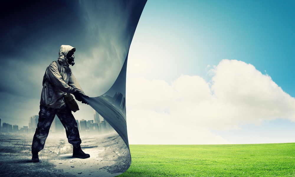 Image of man in gas mask turning page. Ecology concept