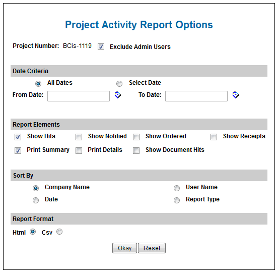 Activity Report Options