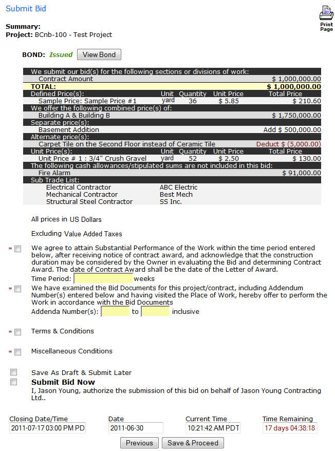 Bid summary