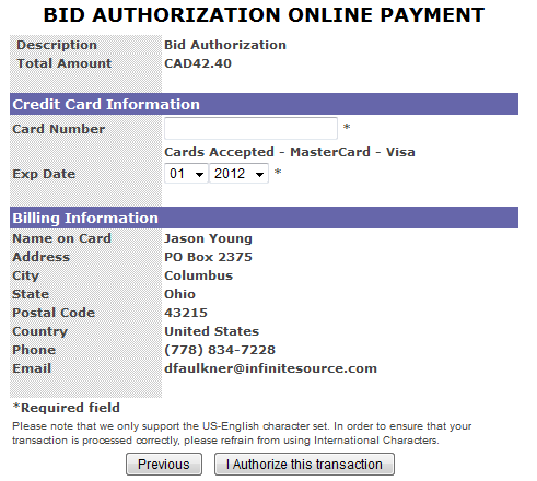 Bidder Authorization - Payment