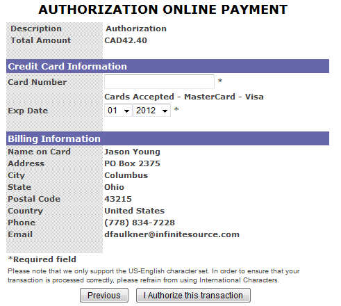 Bidder Authorization - Payment