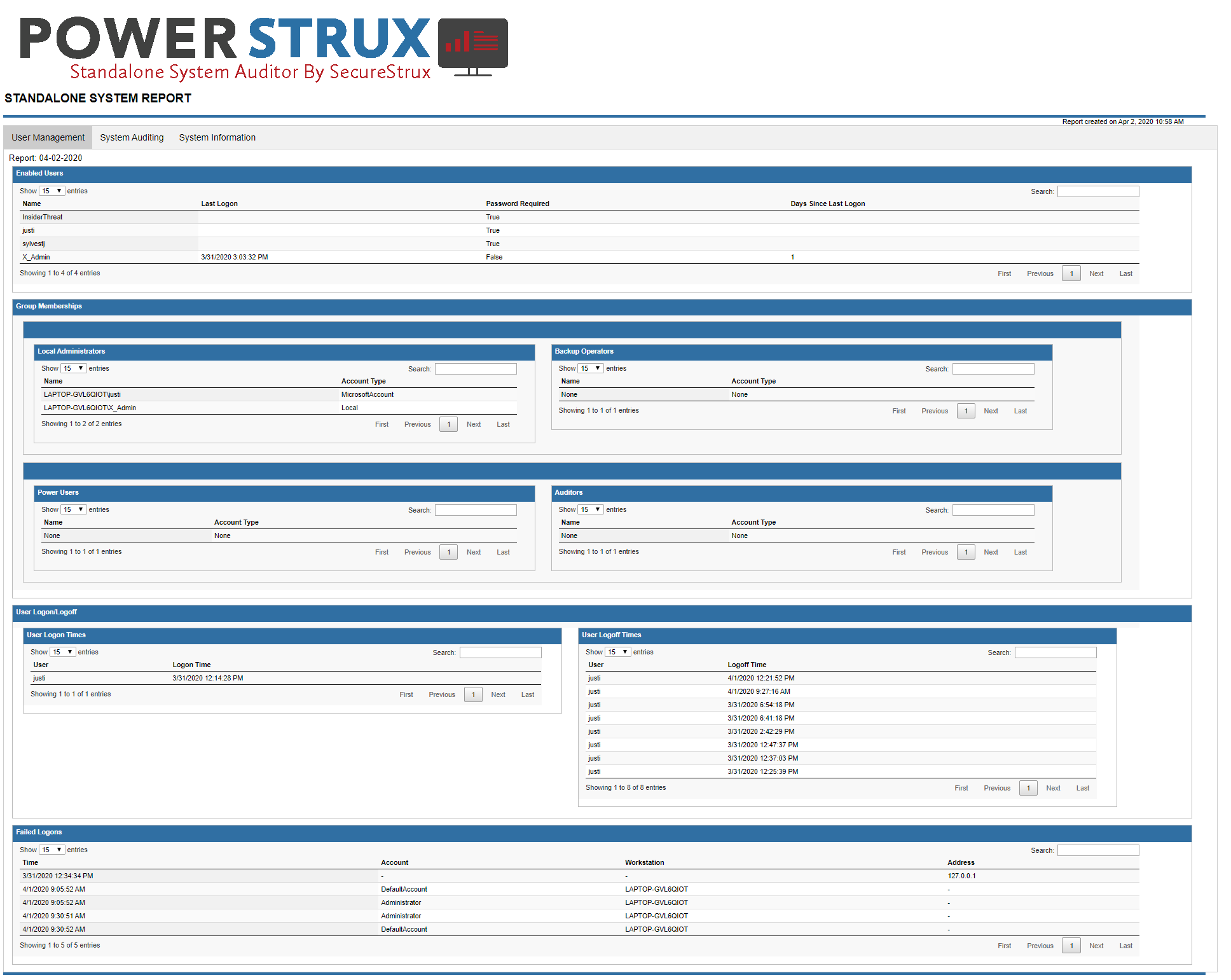 PowerStrux - Standalone System Auditor - User Management