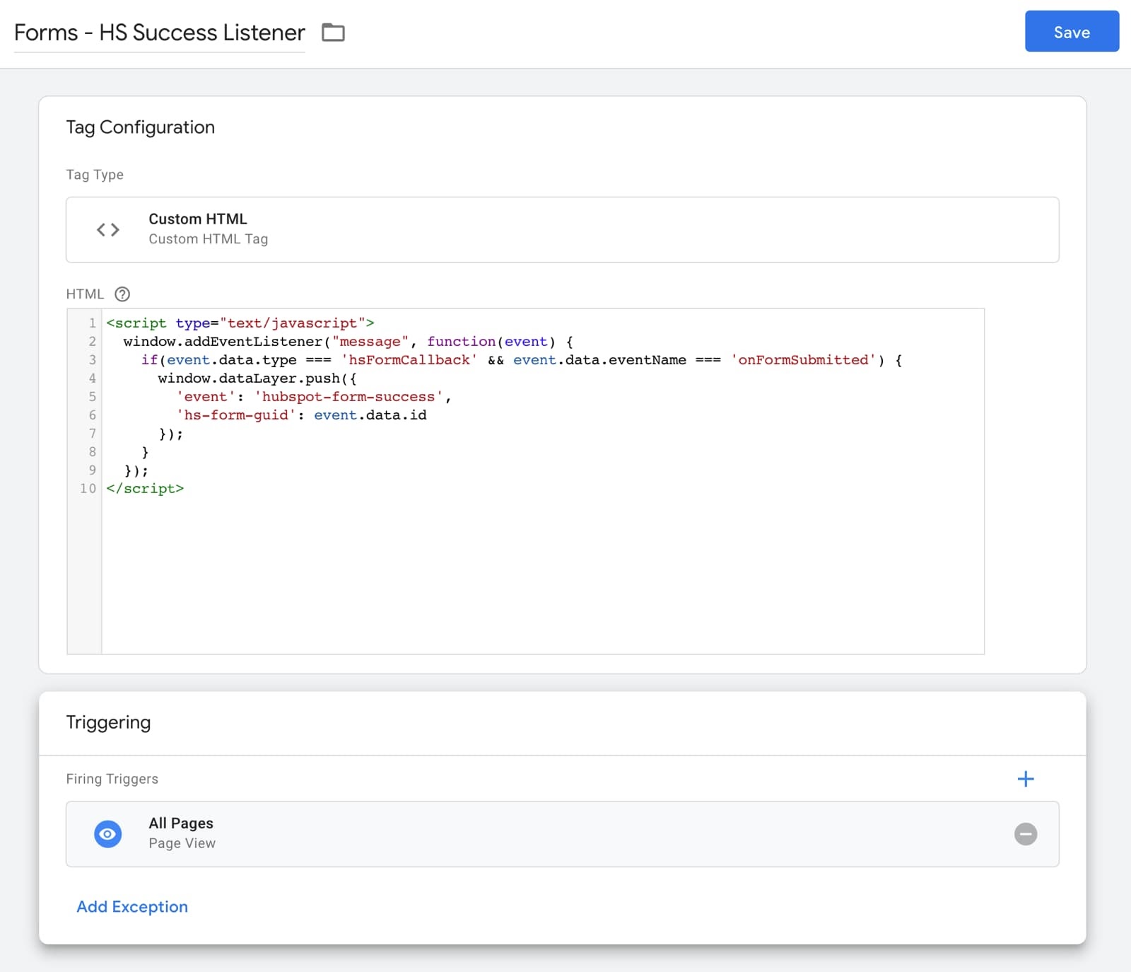 Create Form Listener Tag in Hubspot