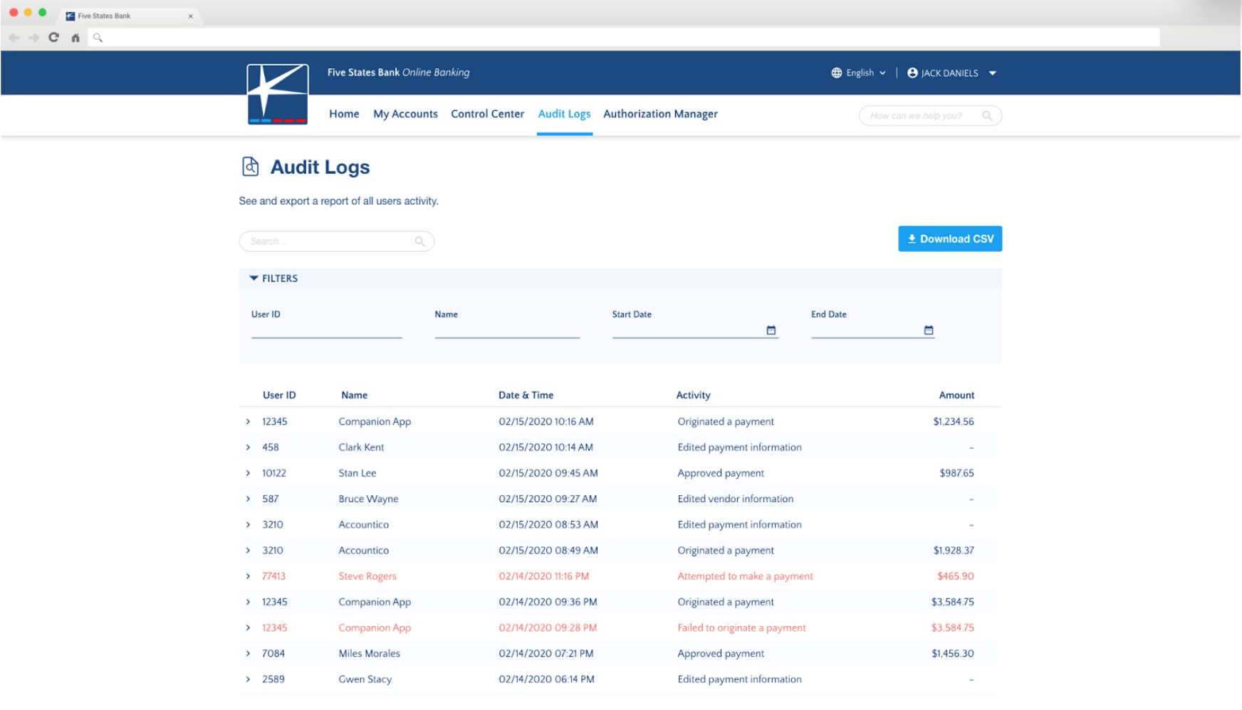 Online banking audit logs