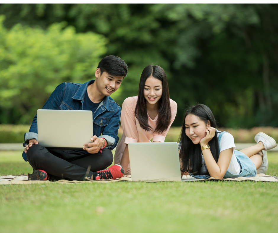 Students on lawns looking at laptops