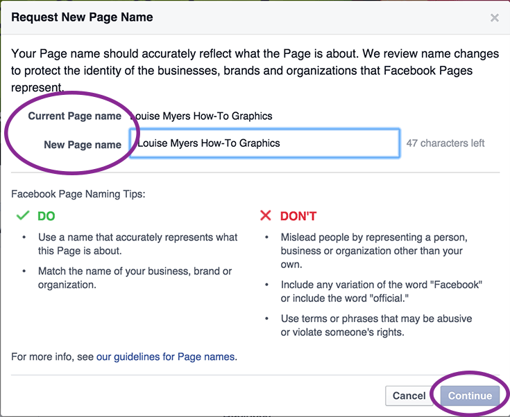 how to change your business page name