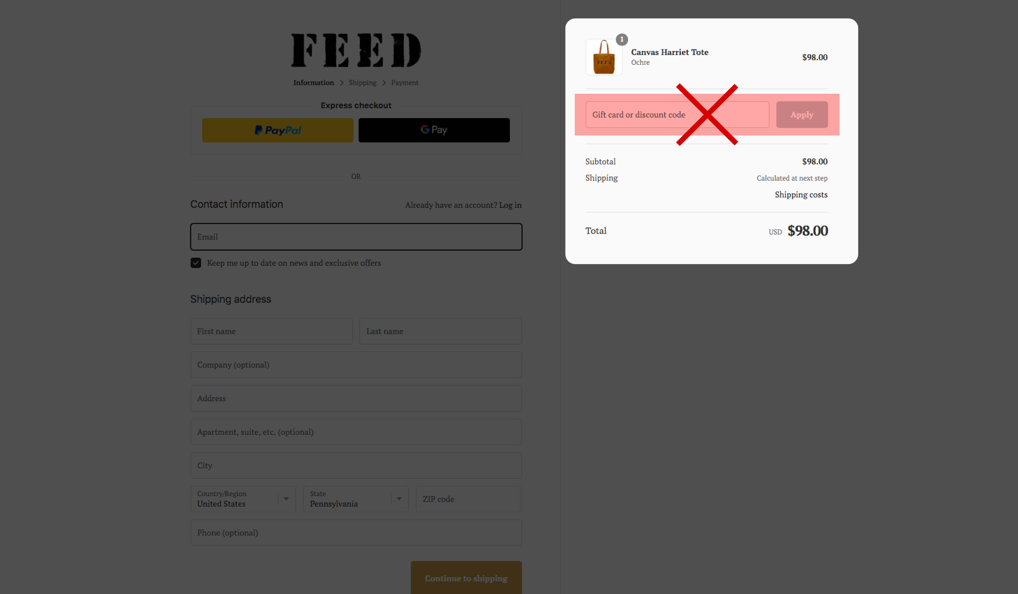 On their checkout page, Feed has a form for gift cards or coupon codes. You should not use these!