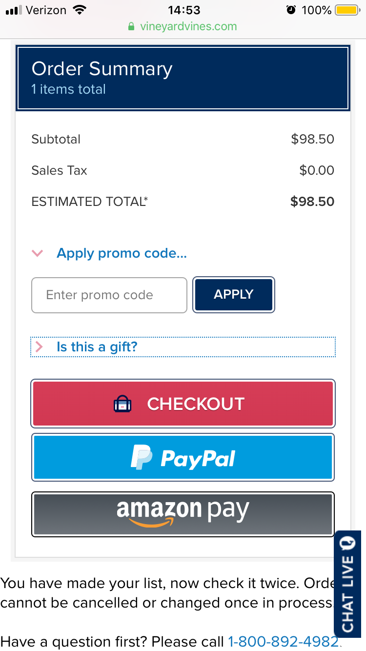 Vineyard Vines offers 3 different checkout CTAs on their checkout page. This is bad! Instead, offer one CTA (Checkout) and then let users choose how they'd like to pay.