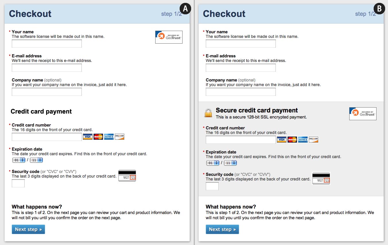 Baymard mocked up a "more secure" credit card payment form for a checkout page.
