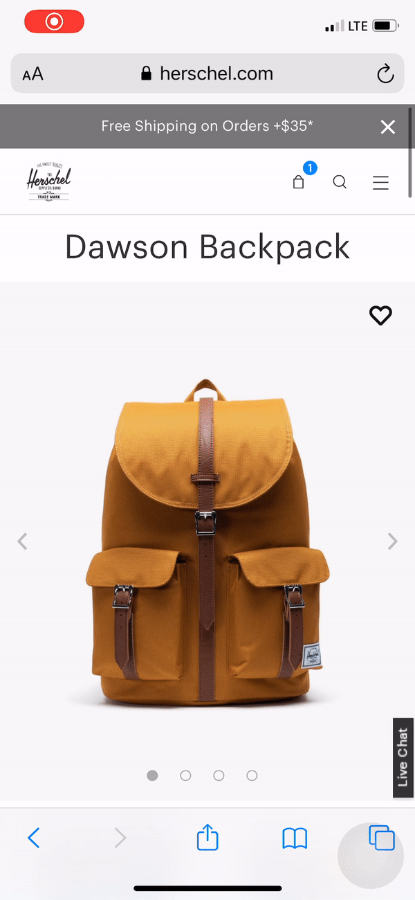 A GIF that shows how Herschel lets shoppers easily view their shopping cart on mobile.