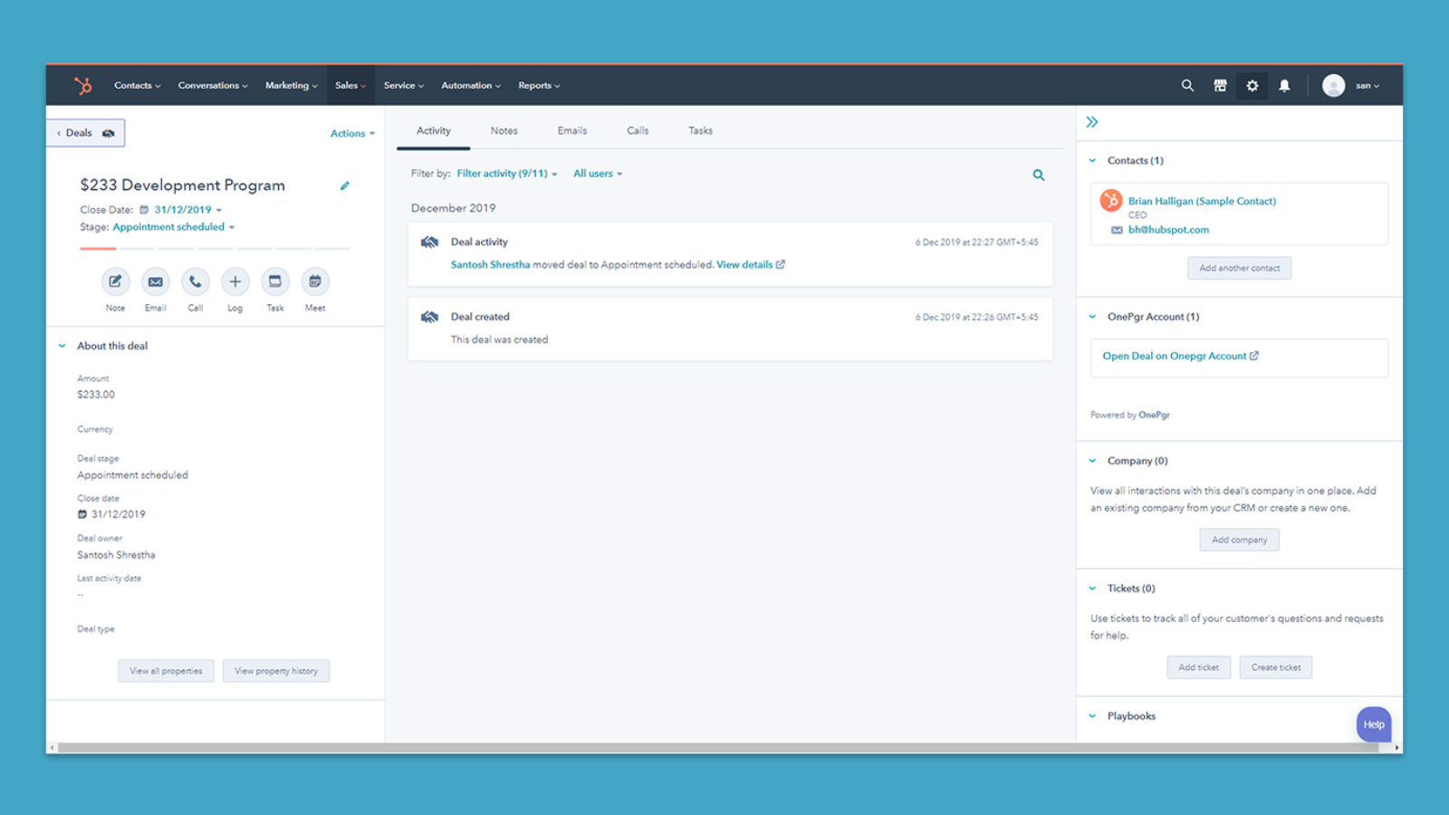 Direct link to OnePgr Account for a Deal created in HubSpot.