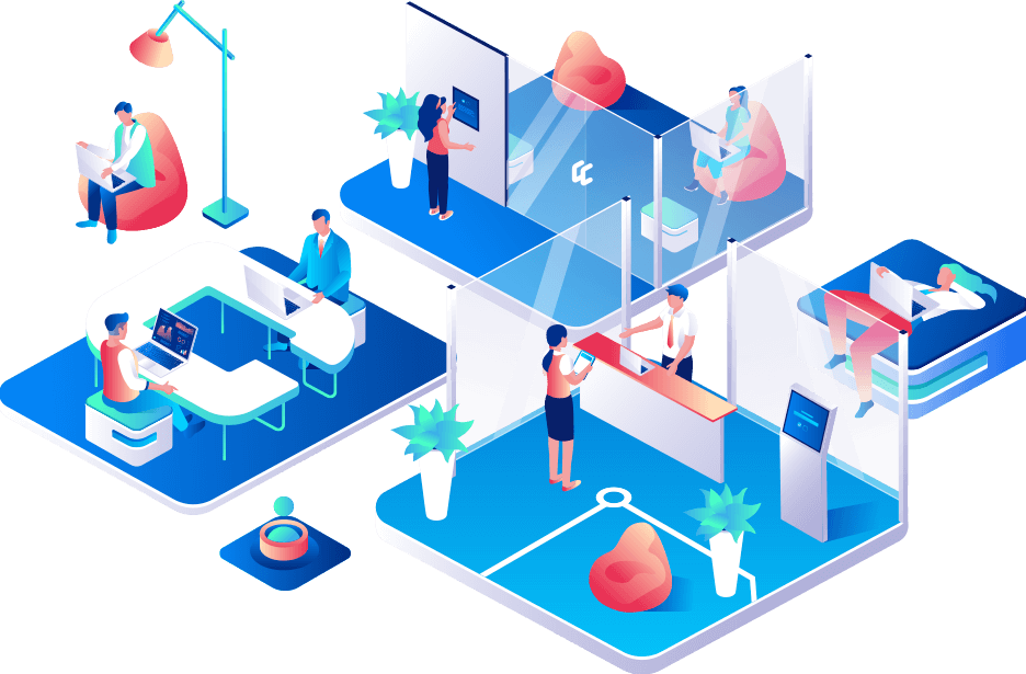 People interacting in a workplace using software