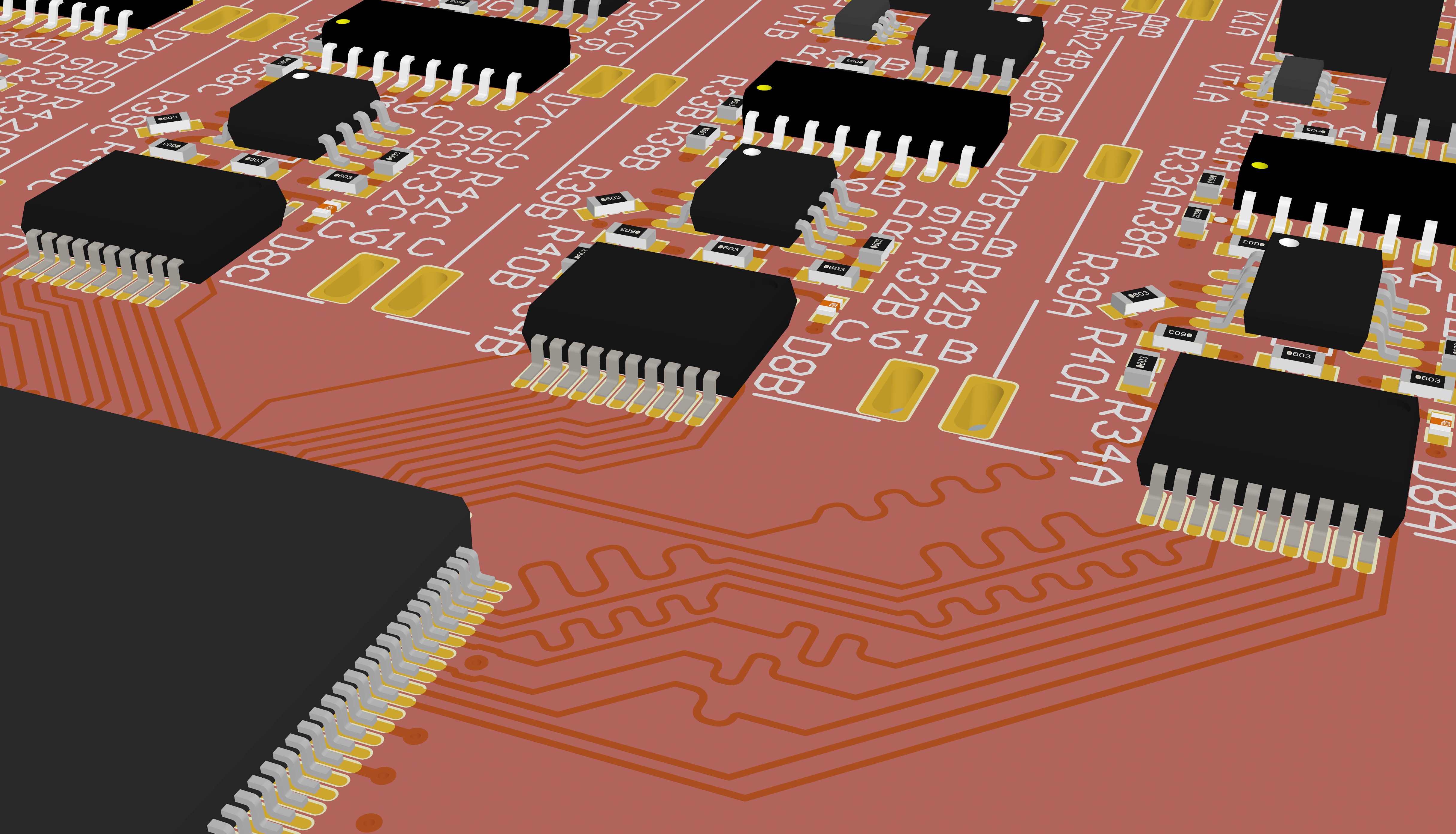 3D model of a PCB with multiple ICs.