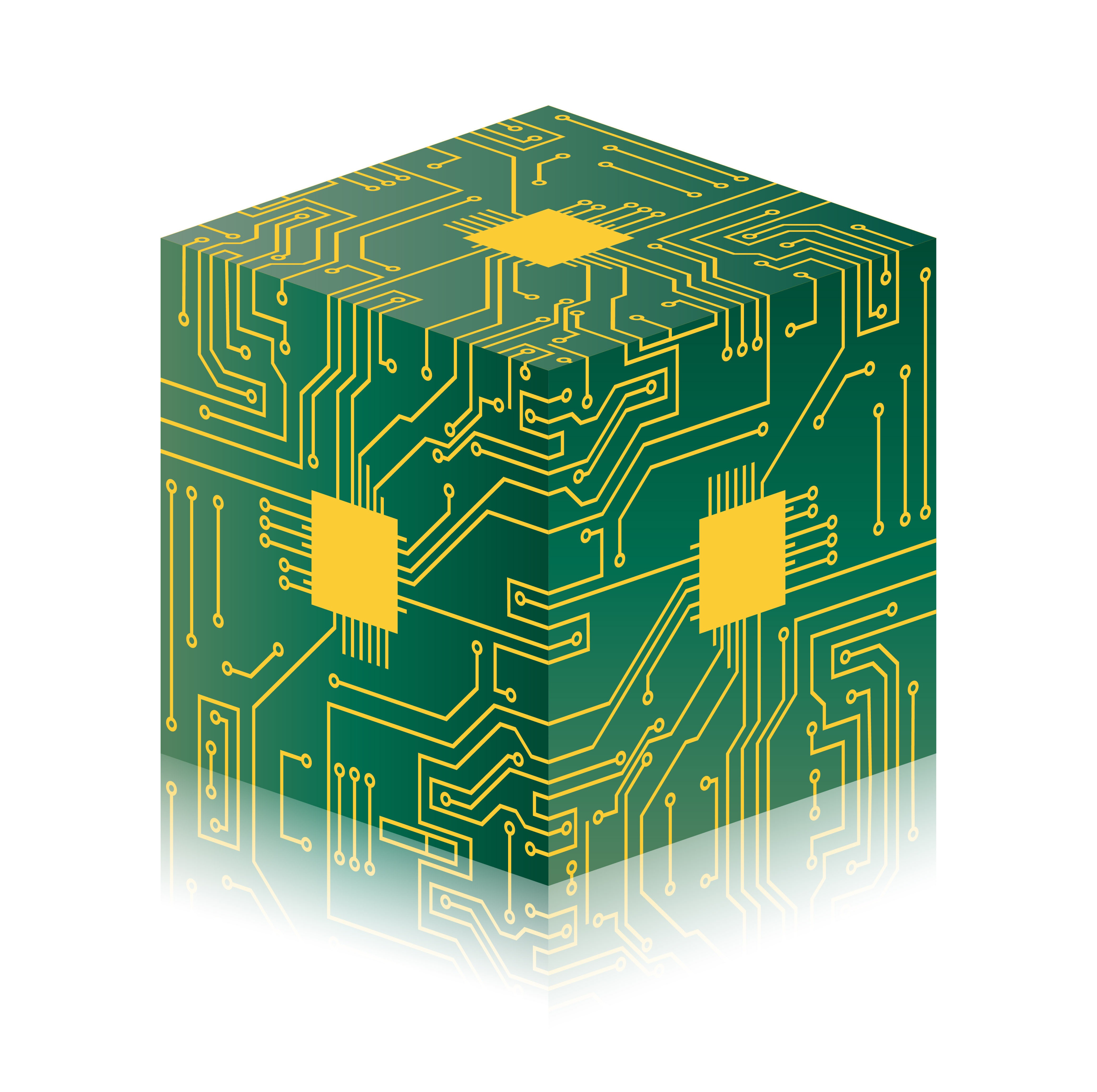 Green cube PCB with gold traces