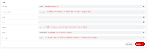 Opción de filtrar reservas