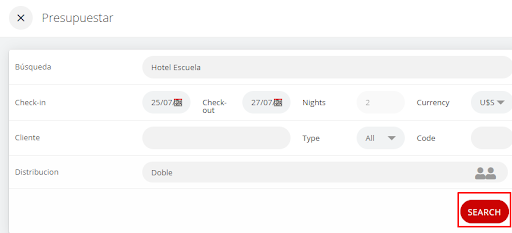 Fechas y cantidad de personas preseleccionadas en la búsqueda de disponibilidad.