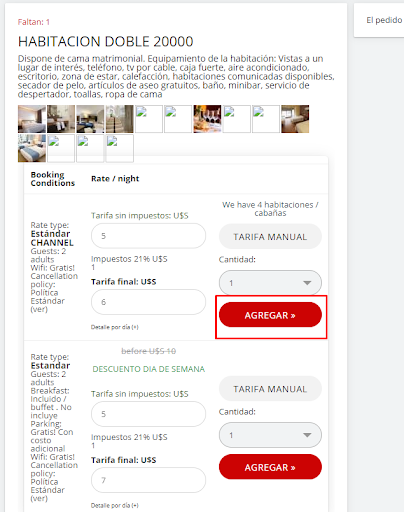 Selección y agregación de una habitación al presupuesto.