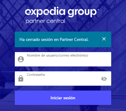 Captura de pantalla del inicio de sesión de la extranet de Expedia.