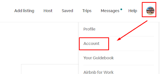 Imagen del menú 'Account' en Airbnb