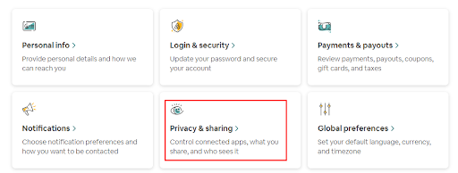Imagen de la sección 'Privacy & Sharing' en Airbnb