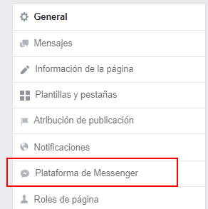Menú Plataforma de Messenger Facebook