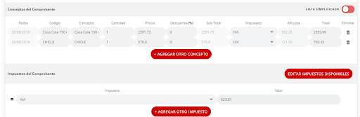 Pantalla de edición de comprobante