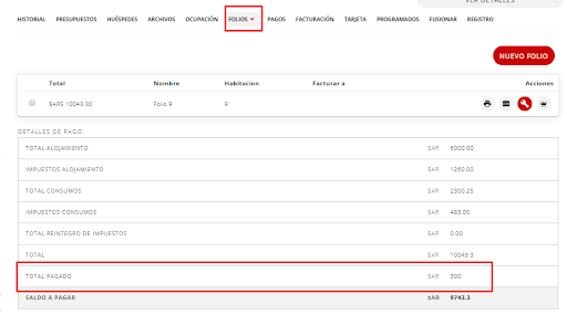Detalle de folios con pago parcial