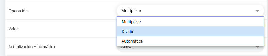 Configuración manual de cambio de moneda