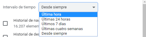 Captura de pantalla para seleccionar intervalo de tiempo y tipos de datos a borrar