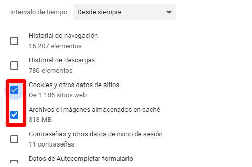 Captura de pantalla seleccionando cookies y caché