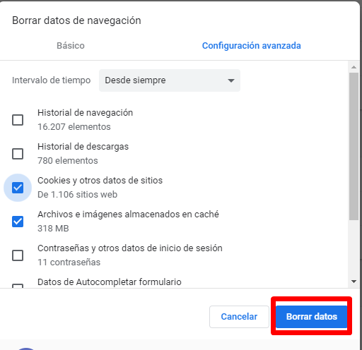 Captura de pantalla del botón Borrar datos