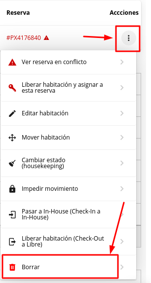 Opciones de acción para borrar la asignación.