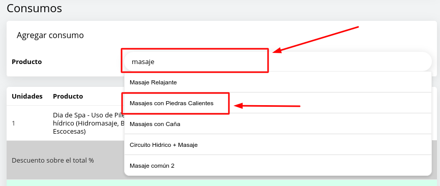 Captura de pantalla mostrando el campo Producto para agregar consumos