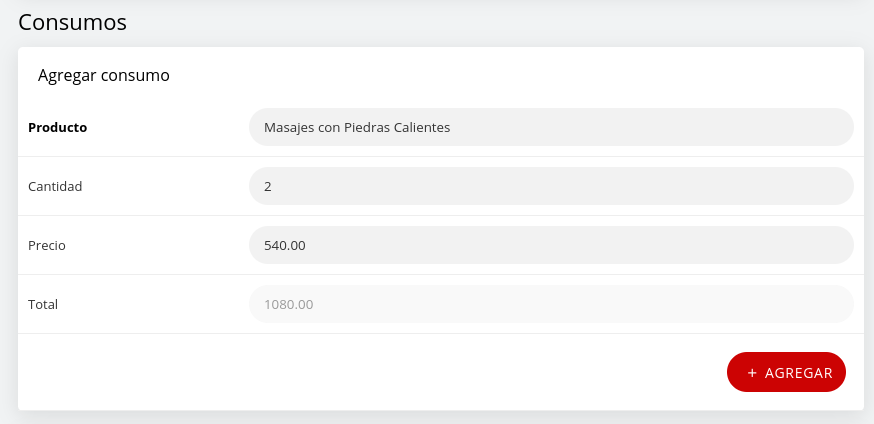 Captura de pantalla mostrando la entrada de cantidad y costo de un consumo