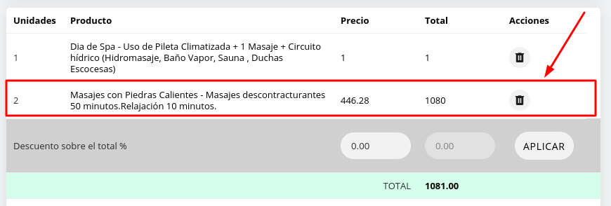 Captura de pantalla mostrando el consumo agregado a la lista