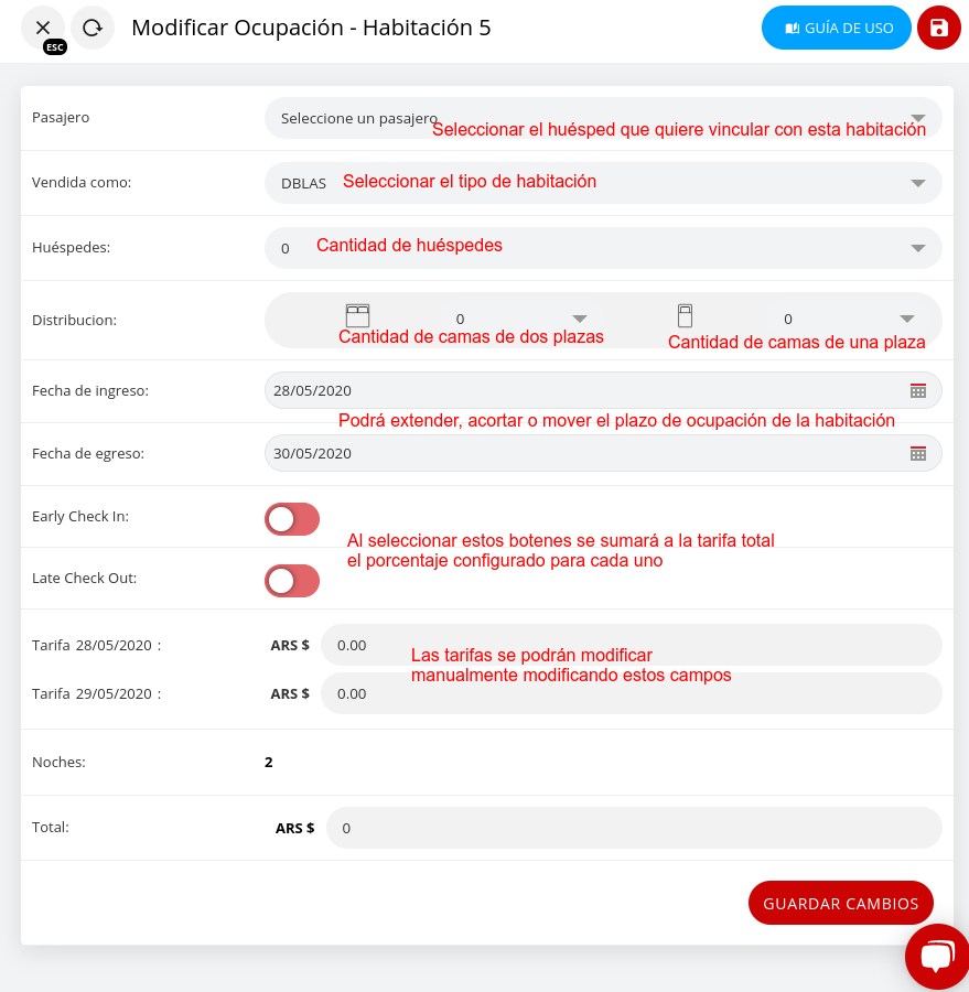 Ventana de edición de habitación