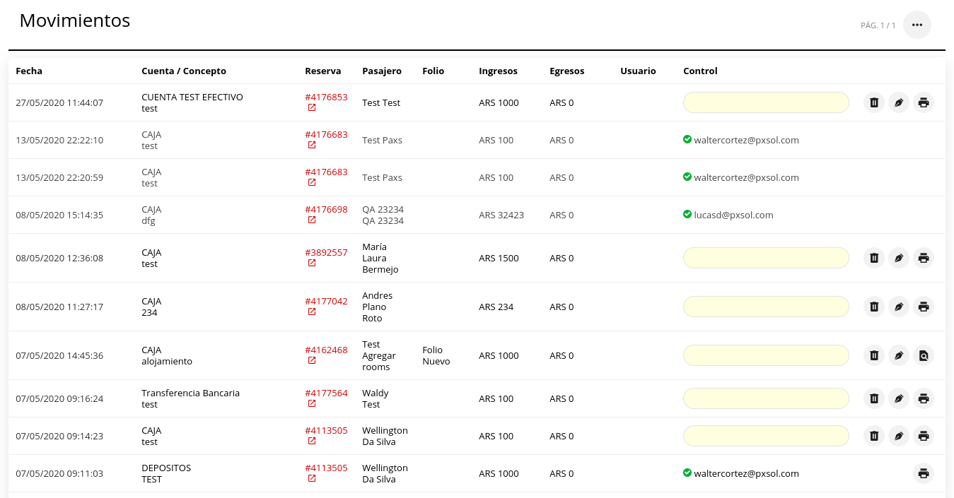 Sección de movimientos en Caja Diaria