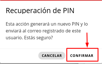 Ventana de confirmación para el reseteo de PIN.